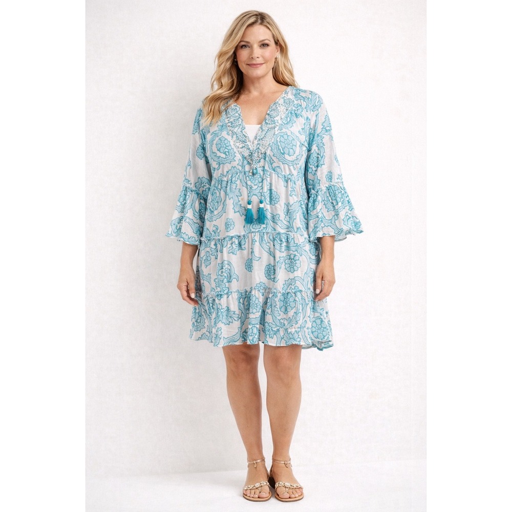 ORLINN PARIS‎ Turquoise Floral Embroidered V Neck Bell Sleeve Tiered Mini Dress